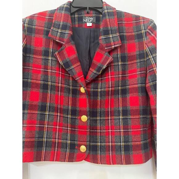 1990s Vintage KGR Red & Black Plaid Wool Blazer Retro Gold Buttons Small Medium - Picture 5 of 6